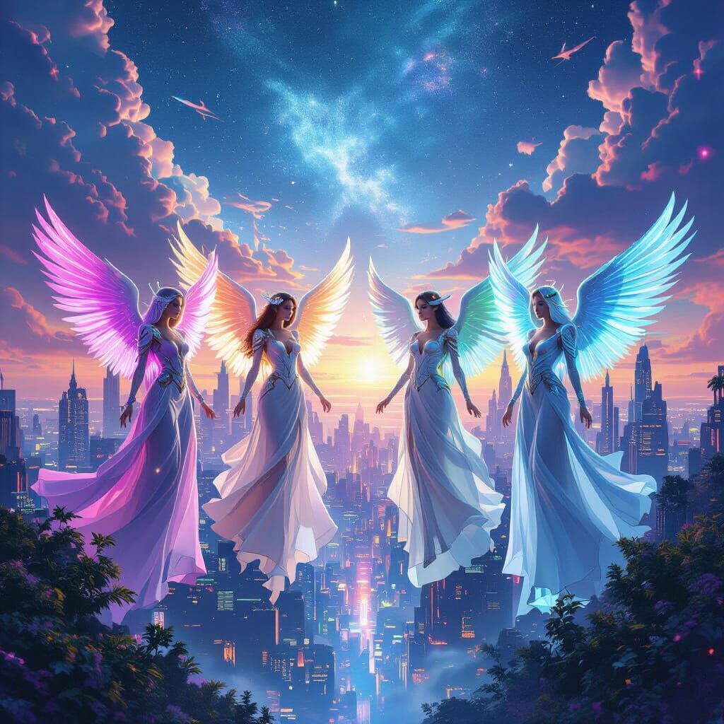 Futuristic Angels in Neon Cityscape, Digital Art