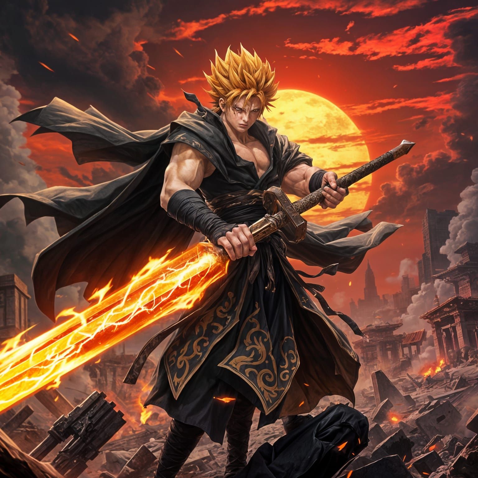 Anime Warrior in Ruined City with Cinematic Atmosphere