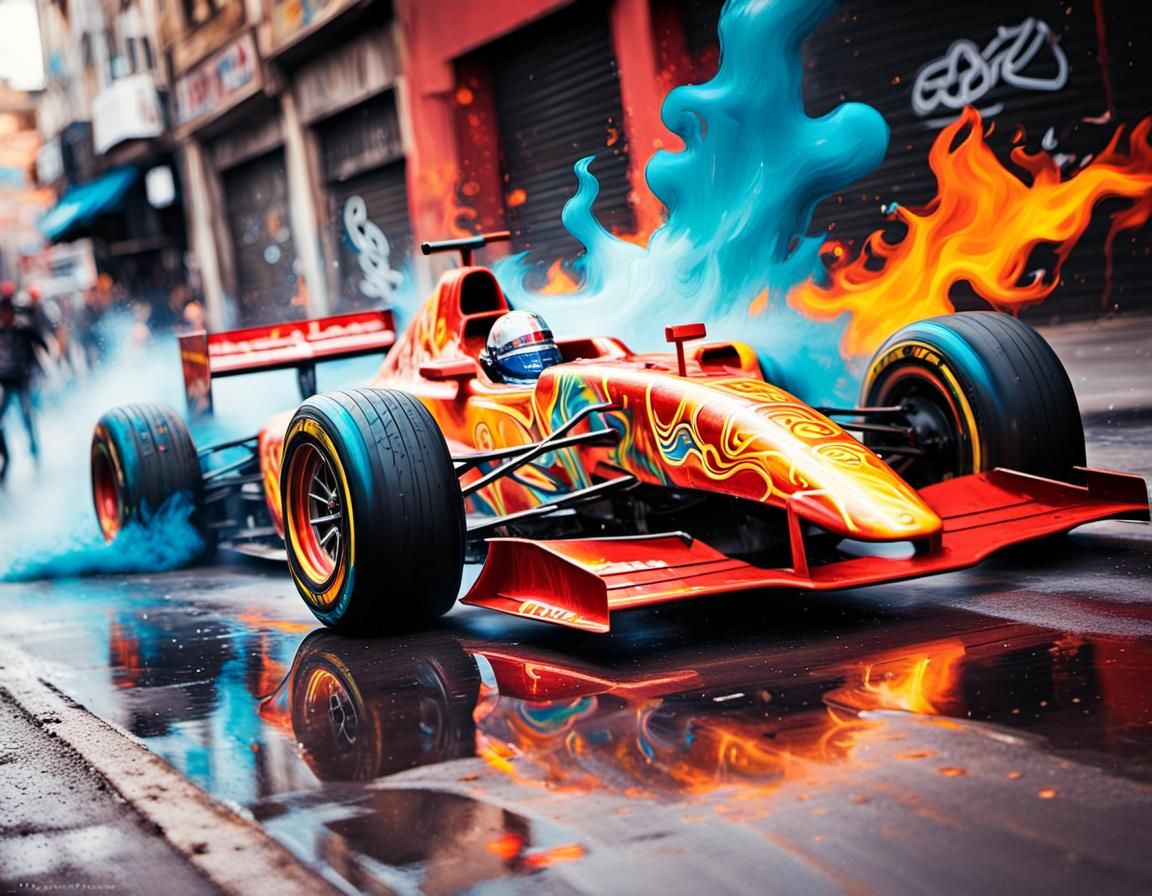 F1 Car Races in Flames: Graffiti and Street Art