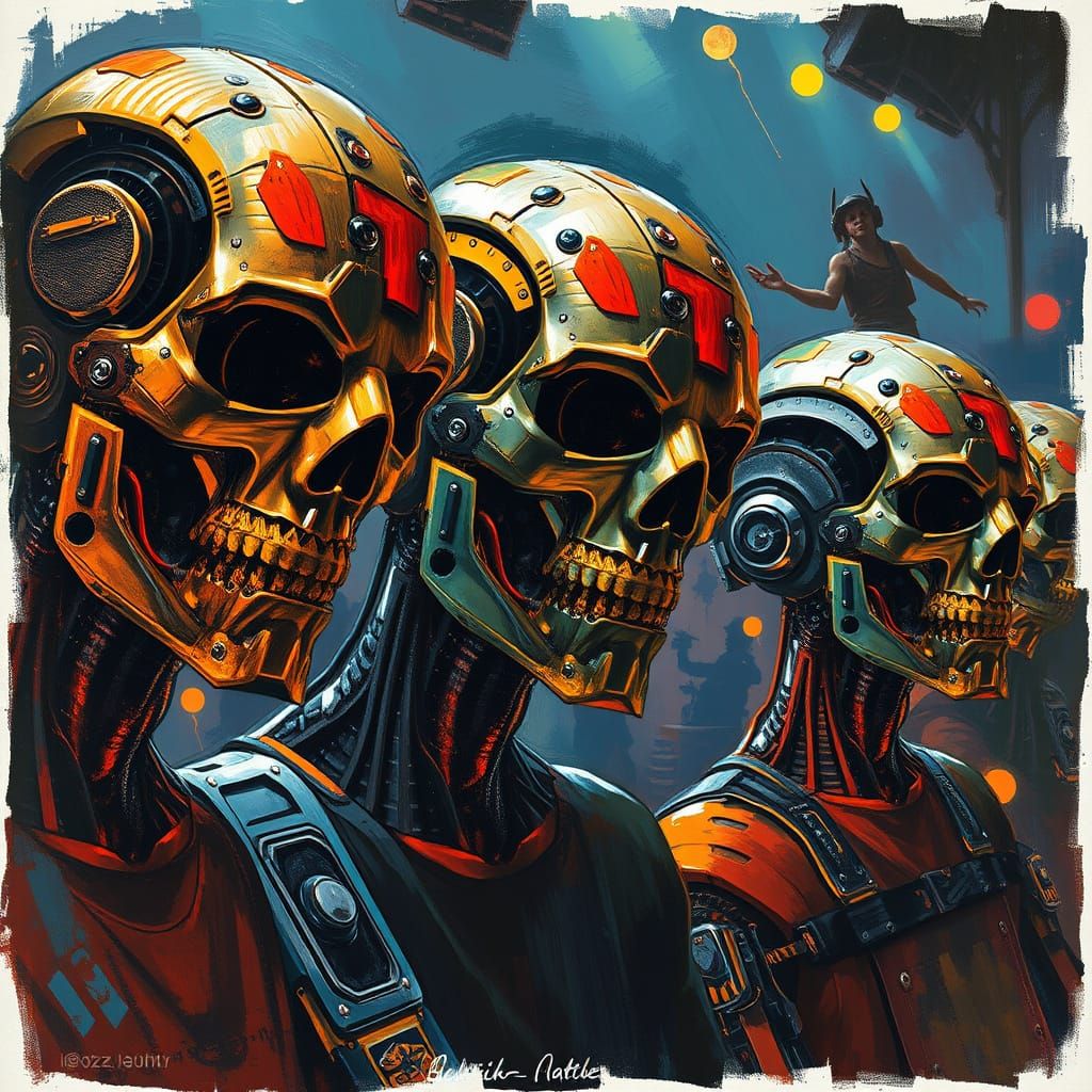 Cybernetic Rock Fans in a Smoky Concert Venue