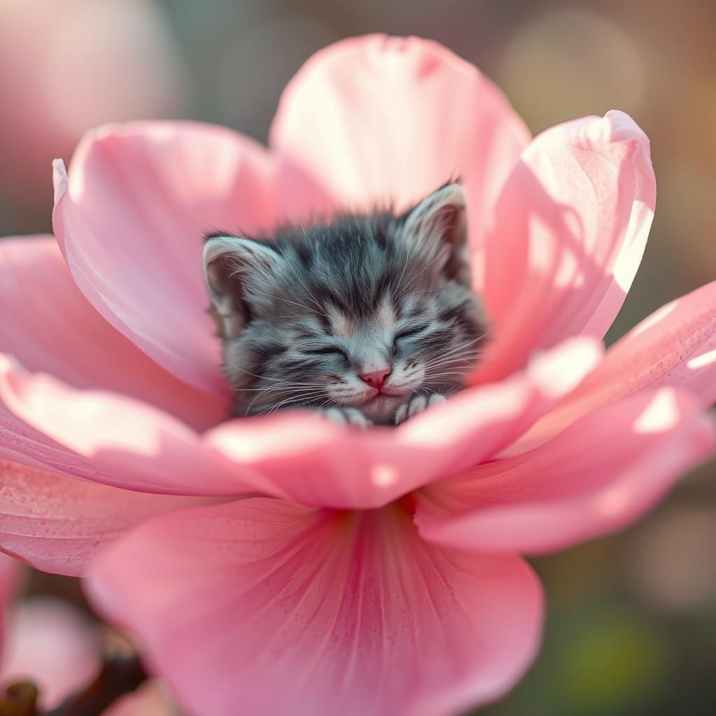 Sakura Bloom with Kitten, Dreamy Close-Up Portrait