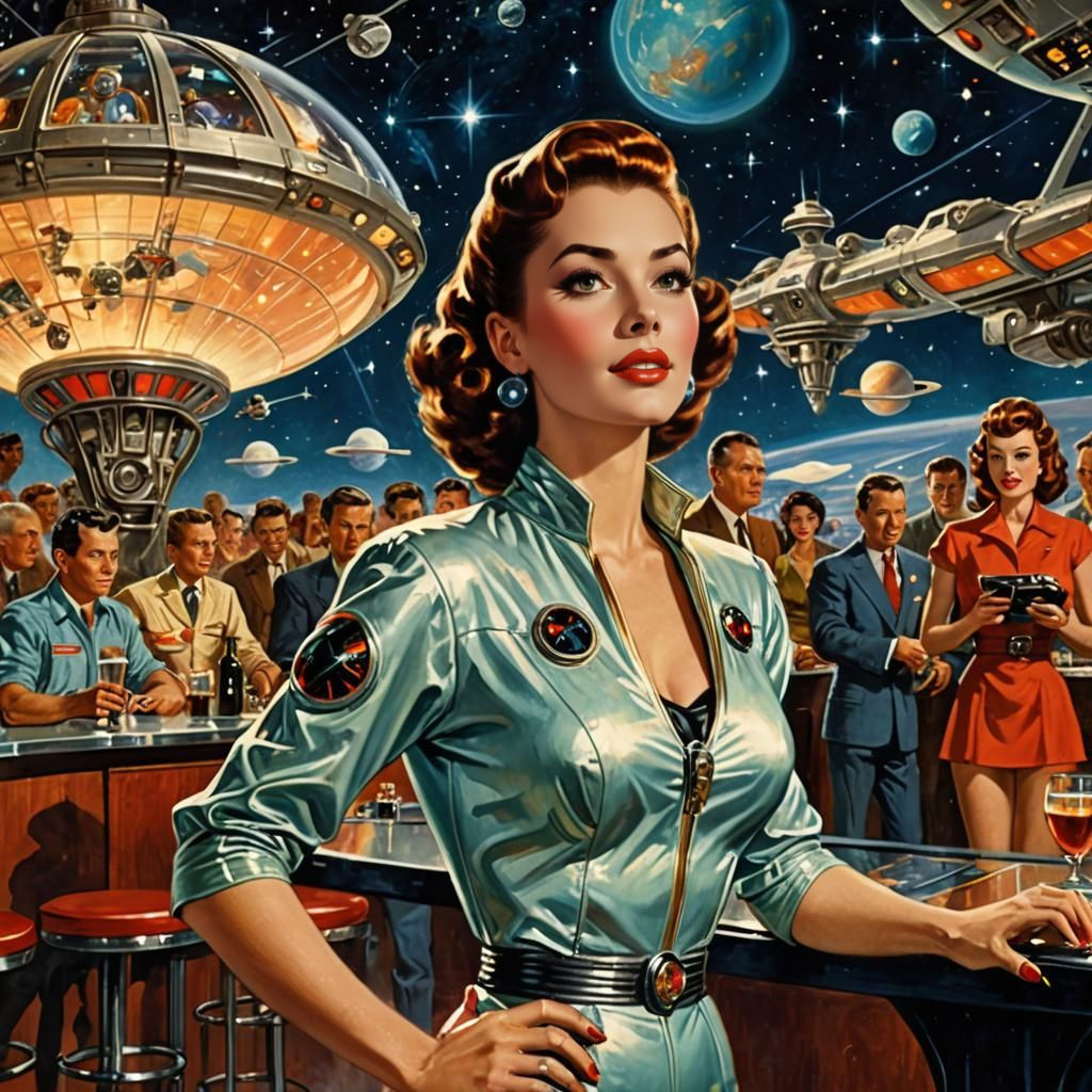 Retrofuturistic Singer in Space Station Bar