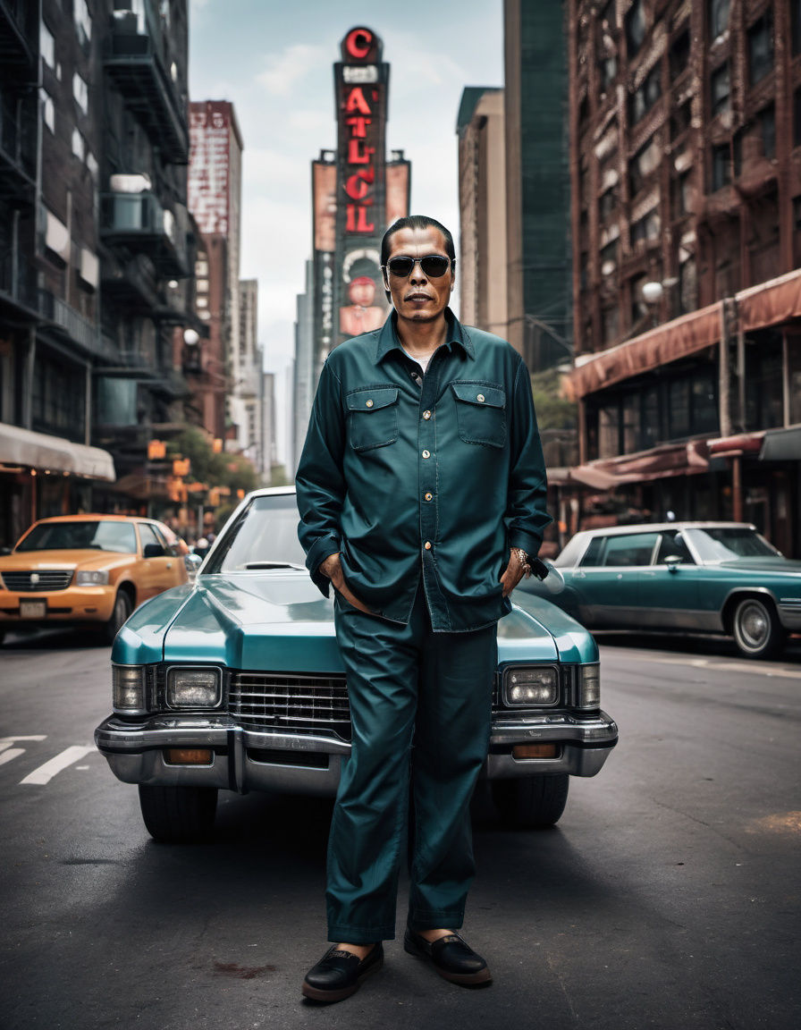 Man in Leisure Suit Beside Cadillac El Dorado in New York Ci...