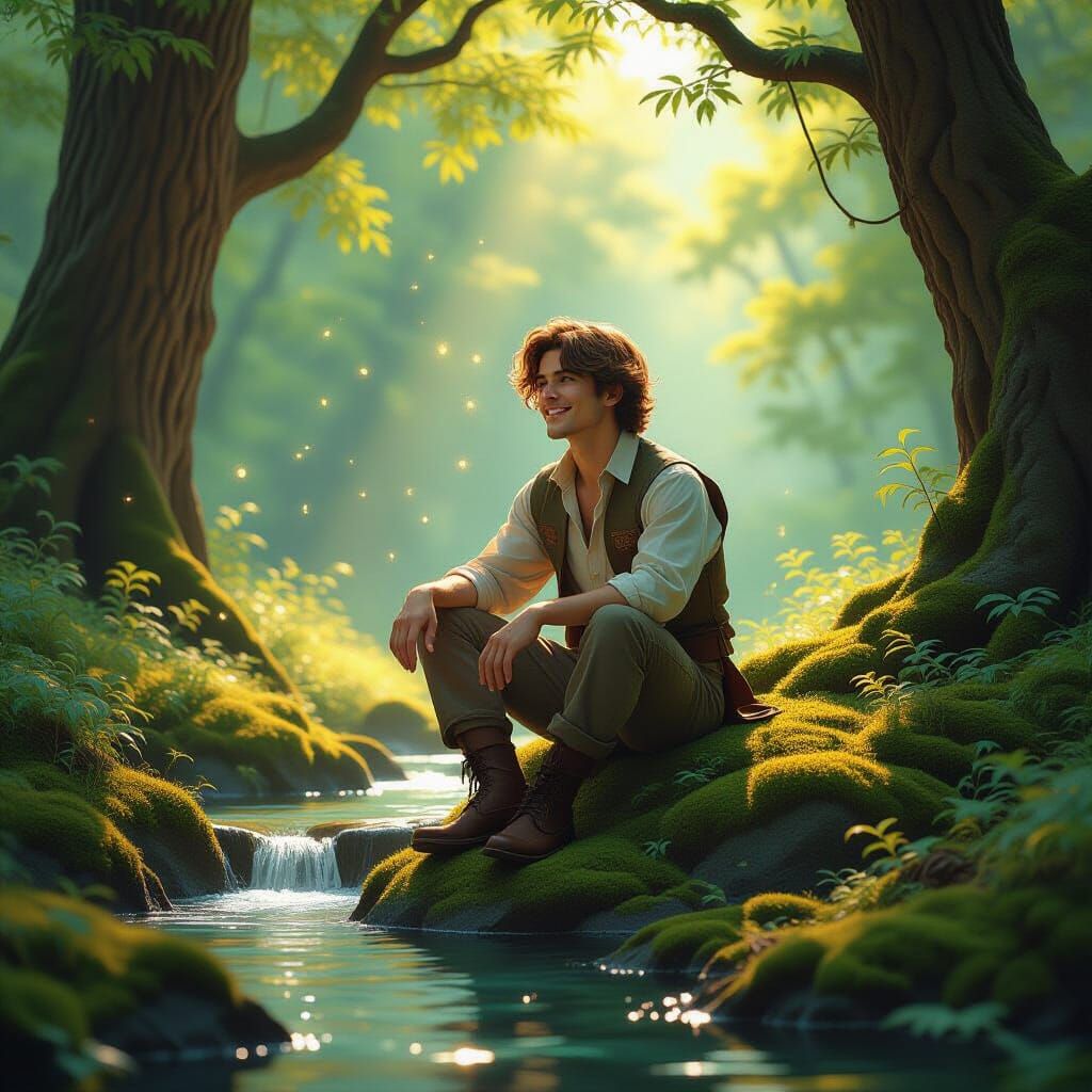 Ethereal Forest Scene with Man and Sprites