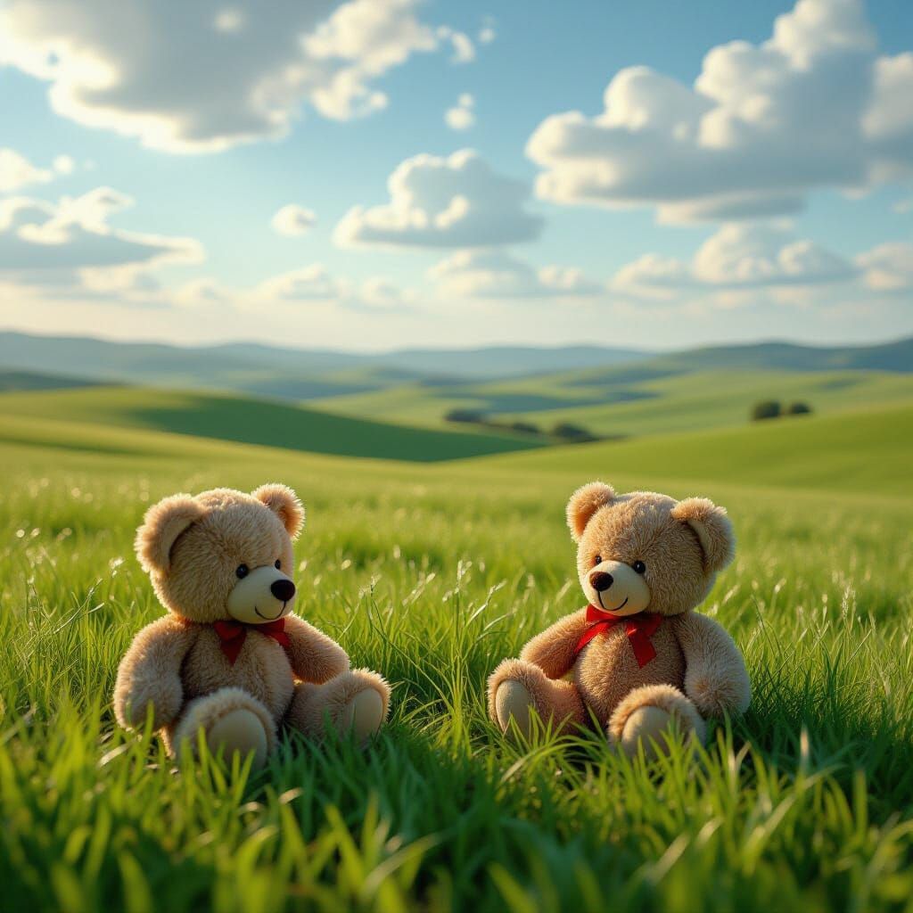 Vast Green Plains with Distant Teddy Bear