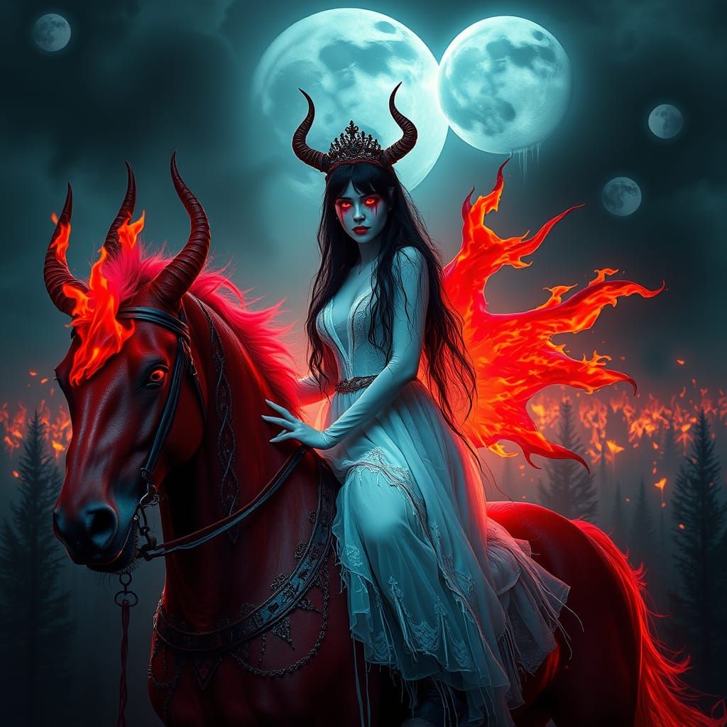 Ethereal Woman on Fiery Horse in Dark Forest