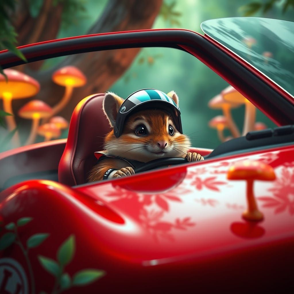 Charming Chipmunk Pilot in Red Porsche Fantasy