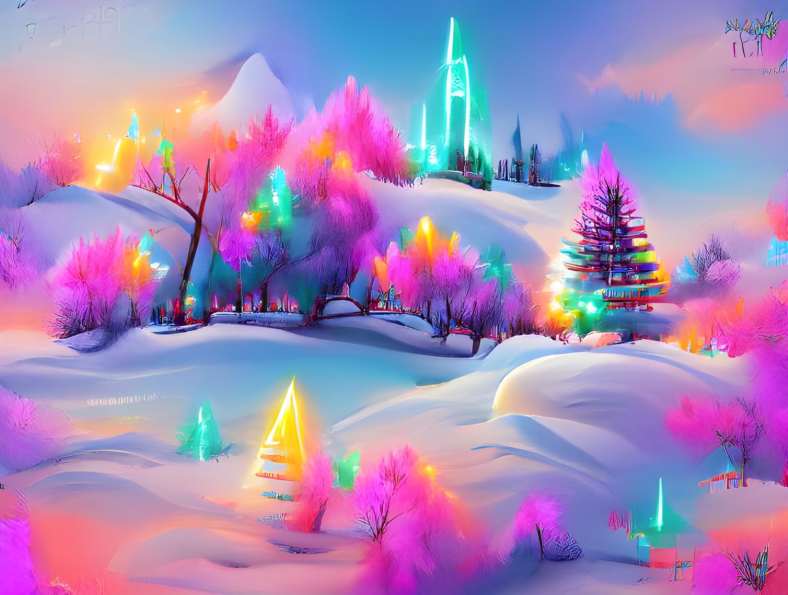 Glowing Neon Christmas Trees in Winter Landscape