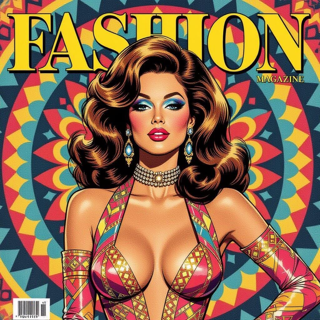 1970s Disco Fashion Cover with Psychedelic Background