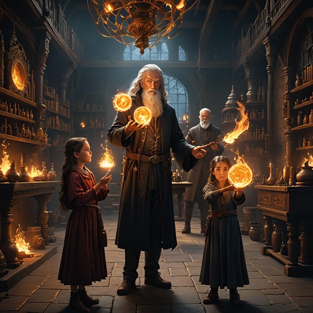 Girl and Wizard with Fireball, Dark Fantasy Art