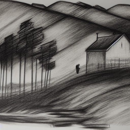 Country Summer Home: Detailed Charcoal Landscape