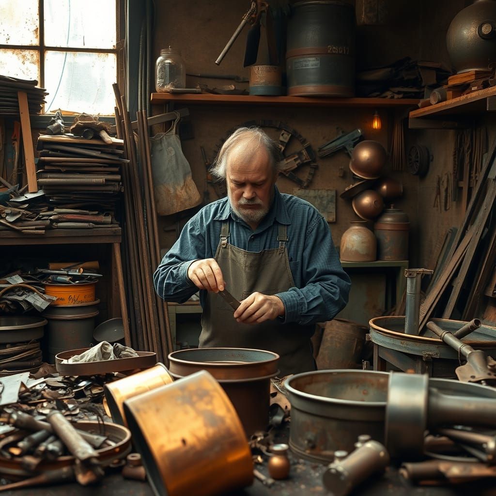 Copper Recycling in Rustic Workshop with Warm Glow