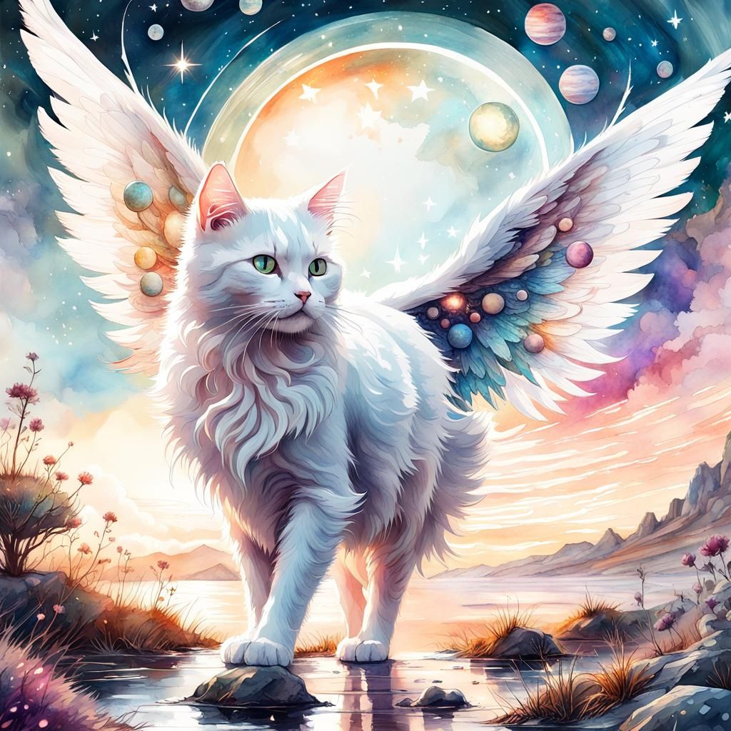 Ethereal White Cat with Angel Wings Watercolor