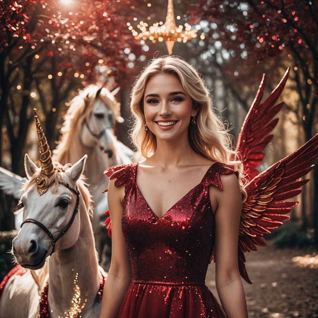 Woman and Winged Unicorn with Magical Sparkles