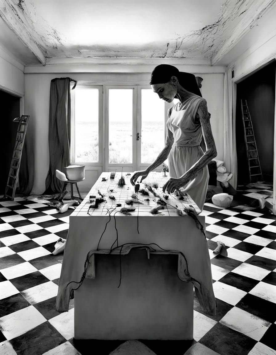 Robot Carving Marble Table in Surreal Scandinavian Room