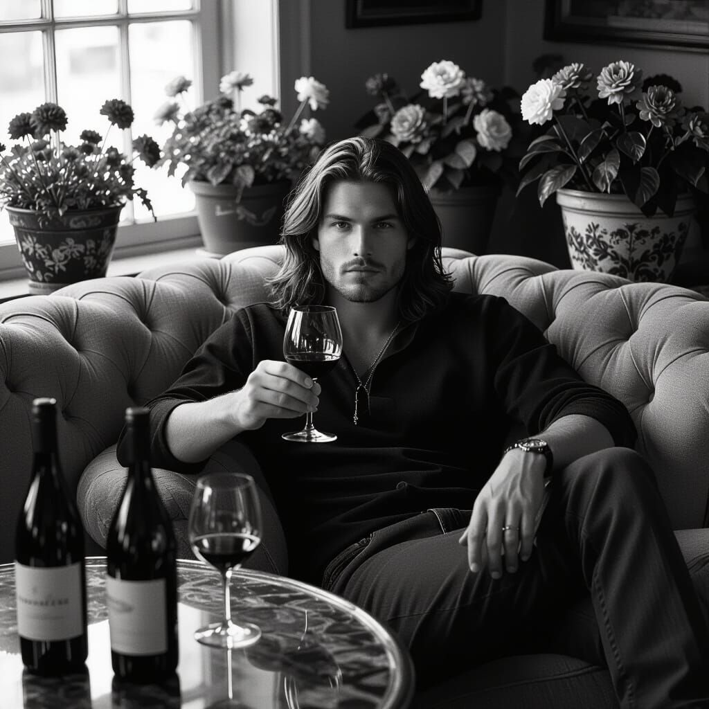 Film Noir: Man with Wine in Cozy Room