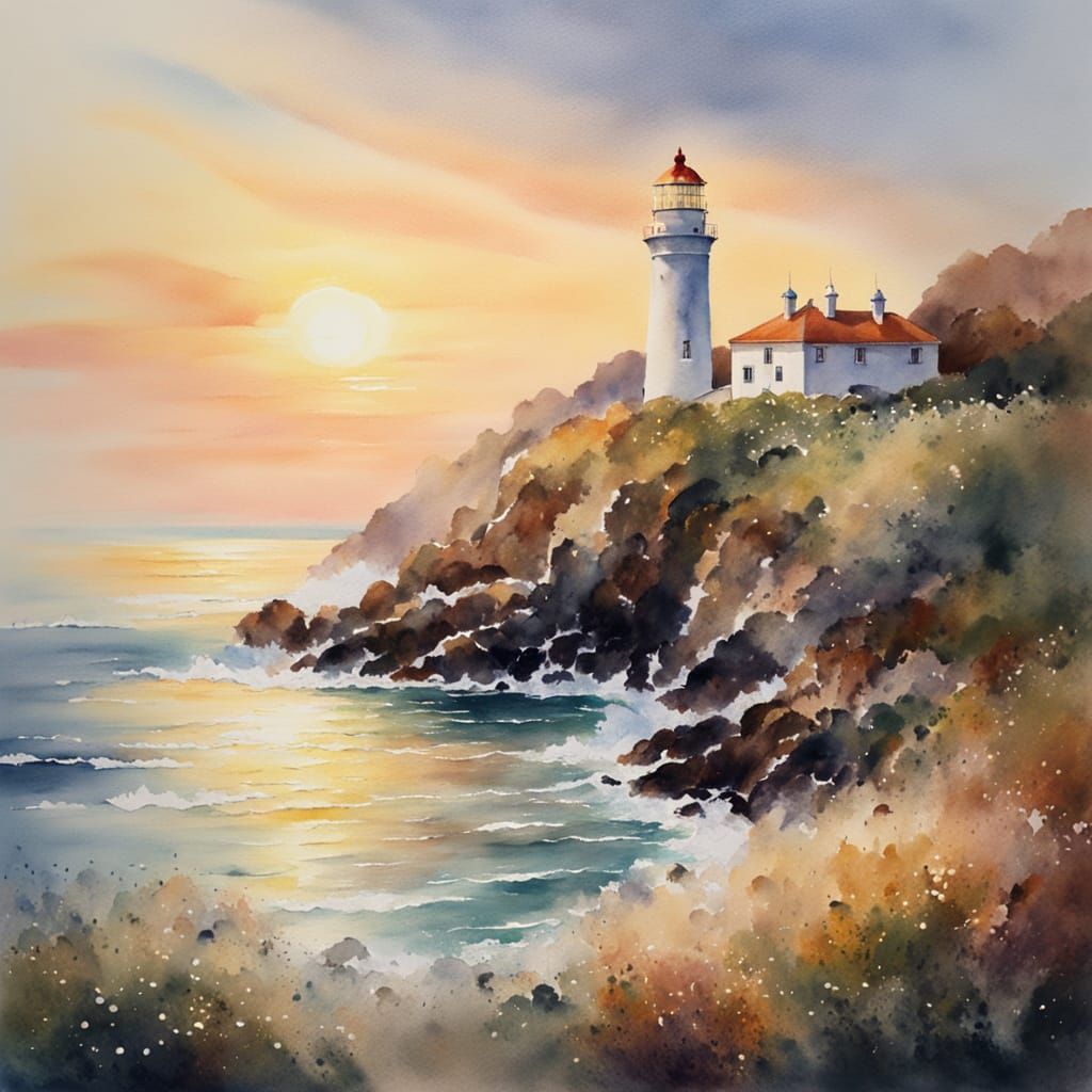 Lighthouse on Rocky Coast in Watercolour Style