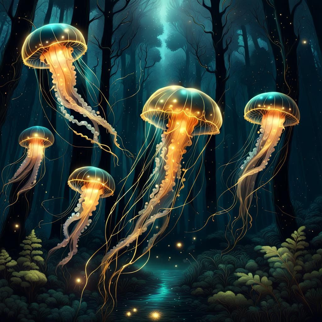 Bioluminescent Jellyfish Flying Through Forest at Night