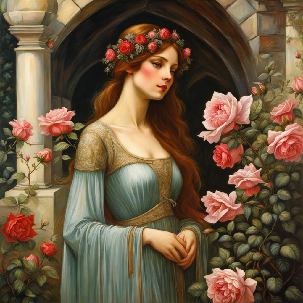 Medieval Lovers in Radiant Rose Garden