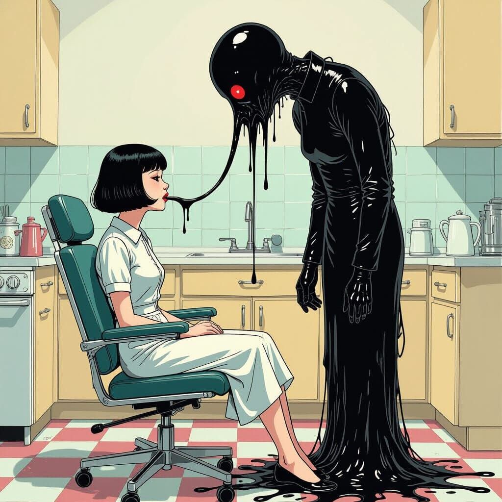 Surreal Horror: Ink Creature and Woman in Kitchen