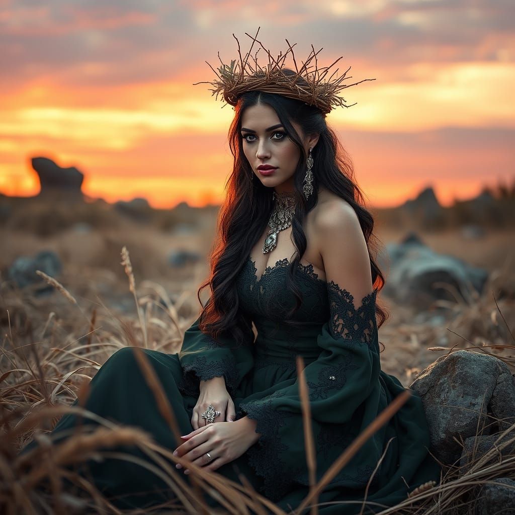Woman in Wilderness with Twig Crown, Mystical Art
