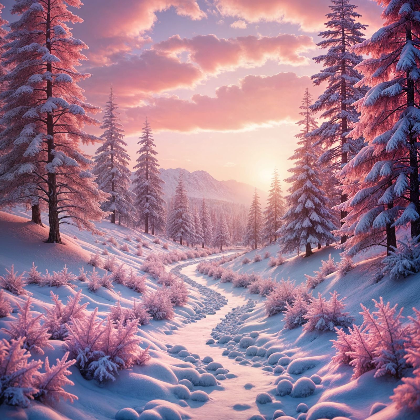 Hyperrealistic Pink Snowy Landscape in HDR