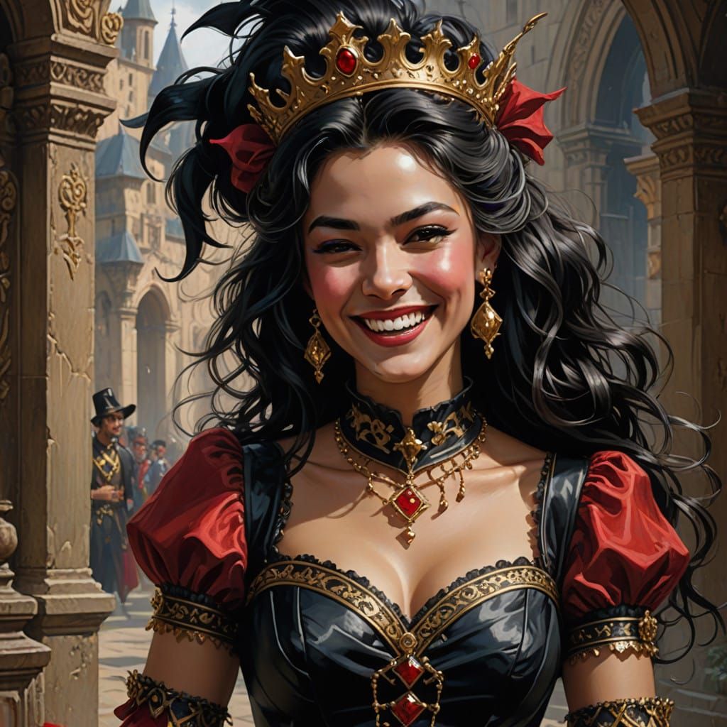 Queen Punk smiling with Jester by her side laughing, black wavy hair, dark, red gold dress, pretty face, handsome featur...