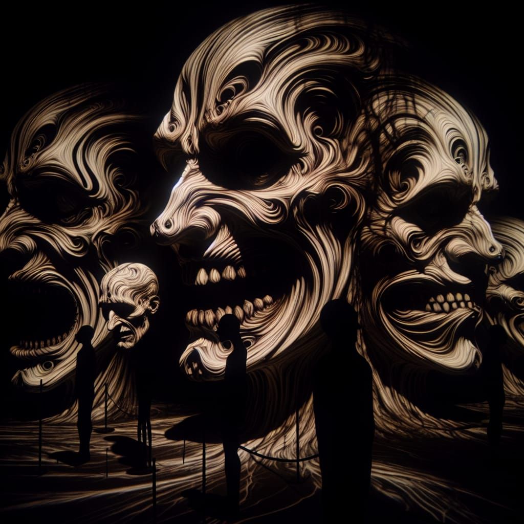 Features distorted in the flickering light
Faces are twisted and grotesque