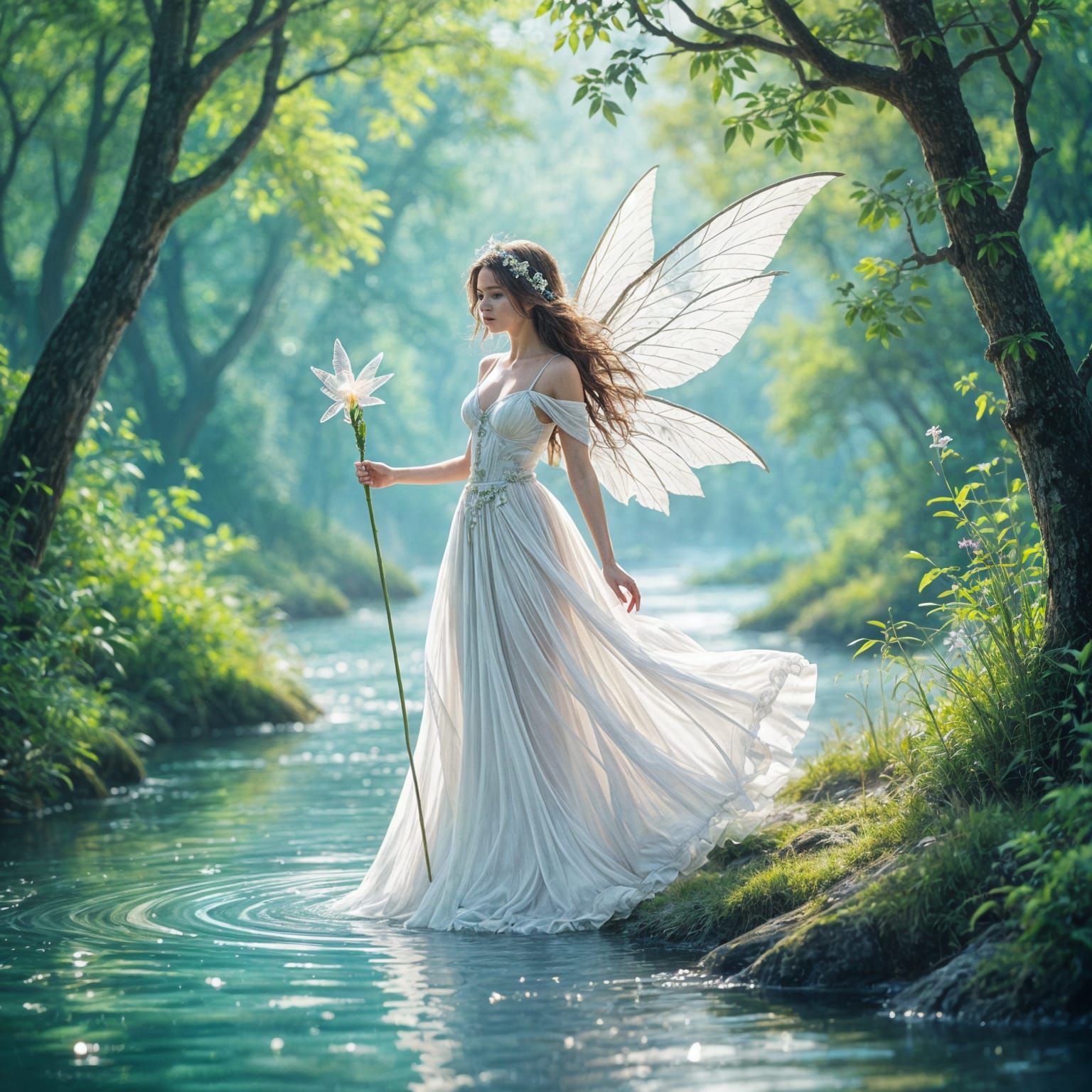 Impressionistic Fairy by a River in Watercolor