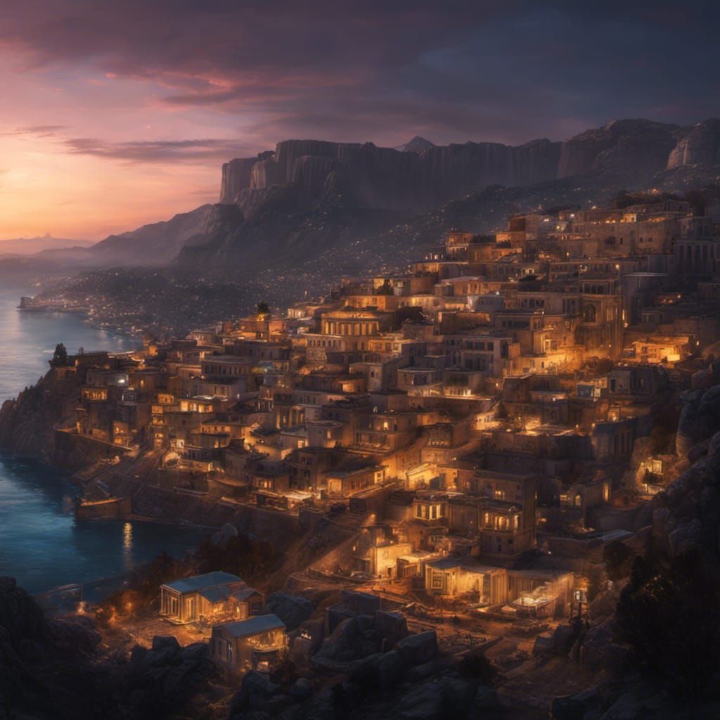 Cyberpunk Greek city at dusk