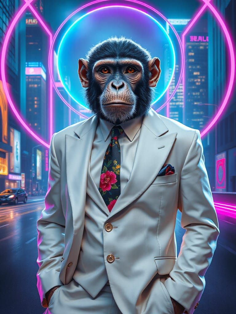 Cyberpunk Monkey in Futuristic Cityscape