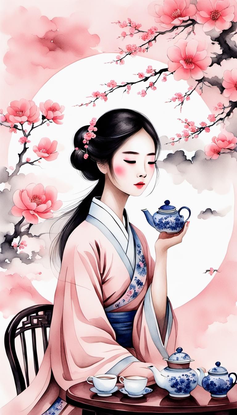 Serene Woman Enjoys Tea: Chinese Ink Painting