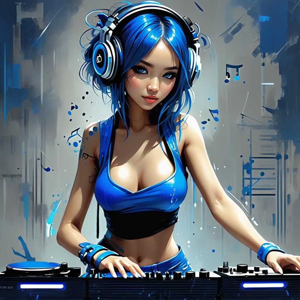 Adorable DJ Girl Mixes Music in Vibrant Splash Art