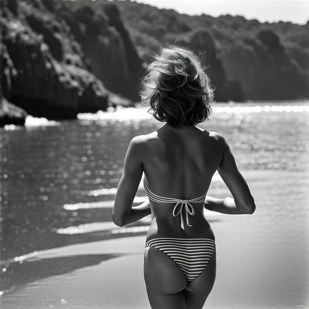 Woman in Swimwear on Beach: Black and White Photo