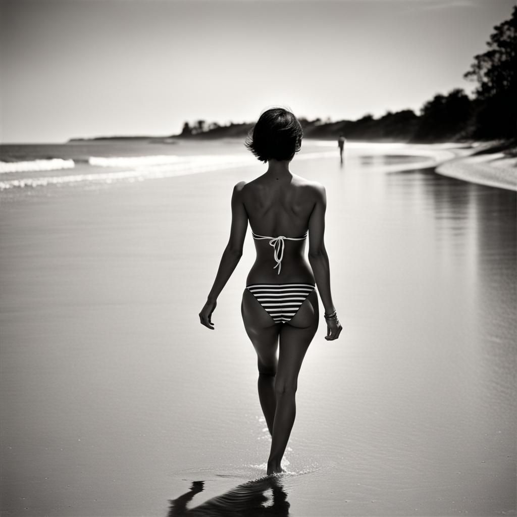 Black and White Photo of Woman in Swimwear