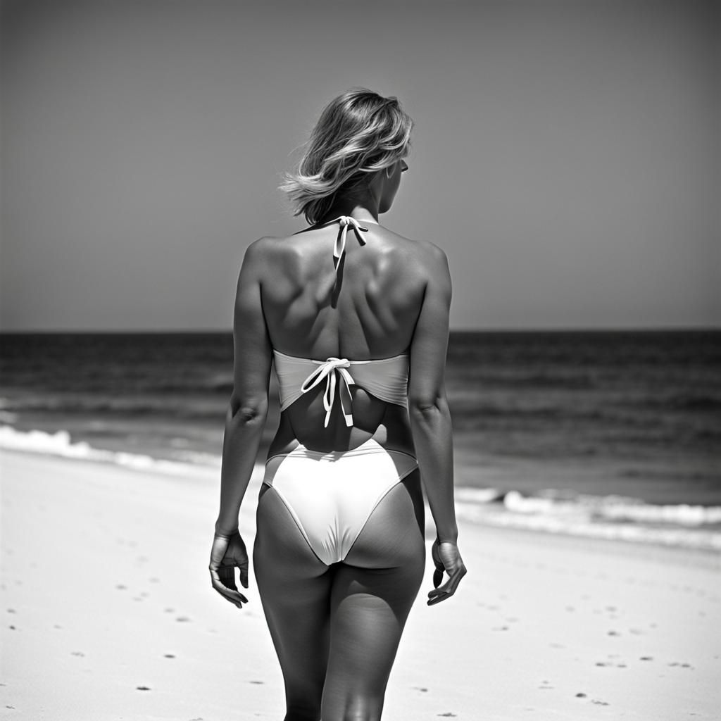 Woman in Swimwear on Beach: Black and White Photo
