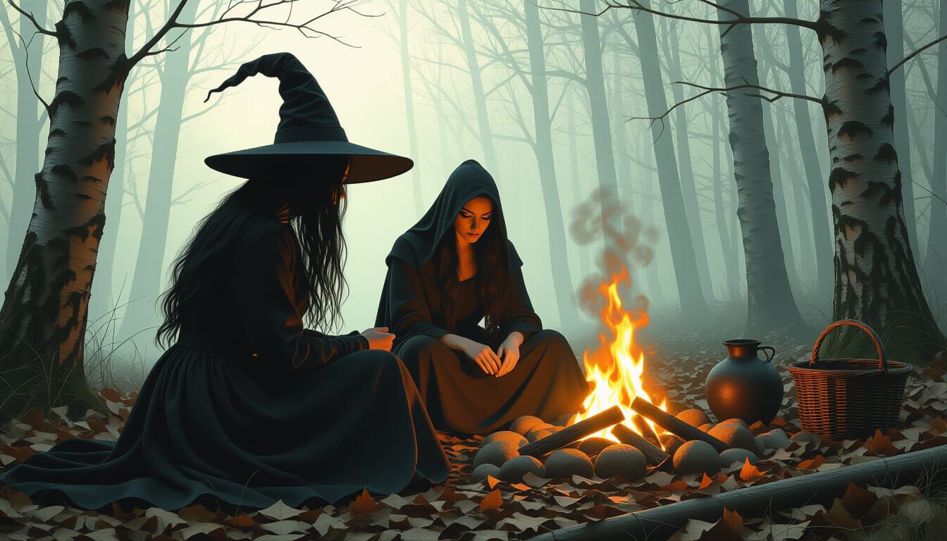 Gothic Witches Gathering Around a Toxic Fire