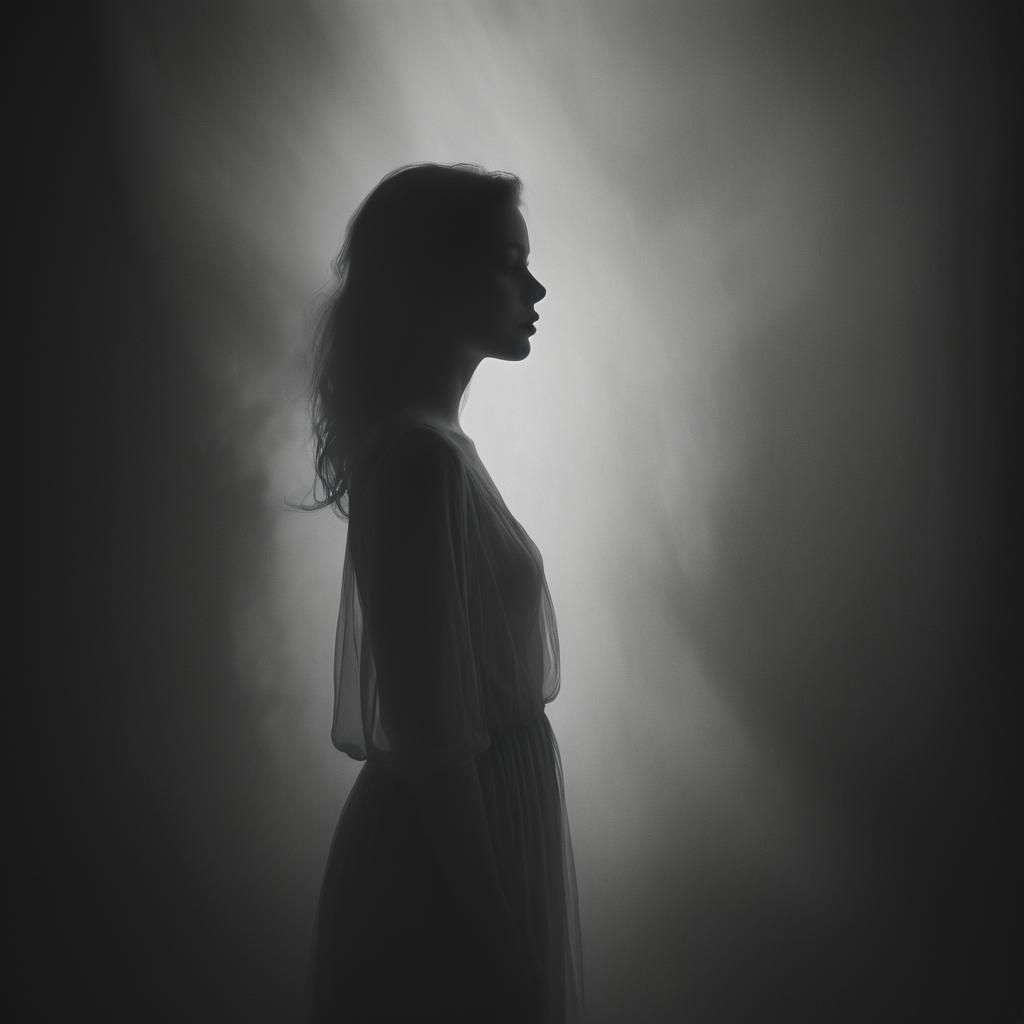 Ethereal Woman in Shadows, Grayscale Image