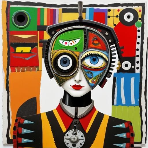 Colorful Scrap Robot Portrait in Mixed Media Collage