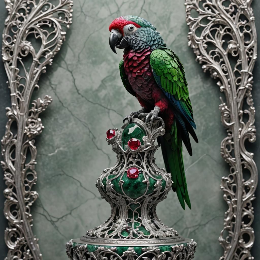 Ruby Parrot in Zoisite on Silver Pedestal