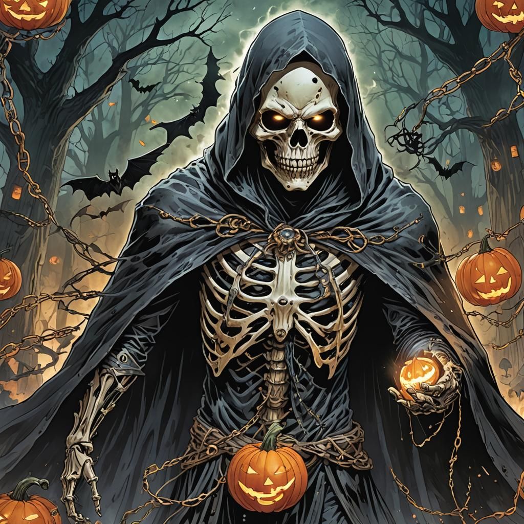 Ethereal Halloween Costume with Skeletal Mask as Comic Book ...