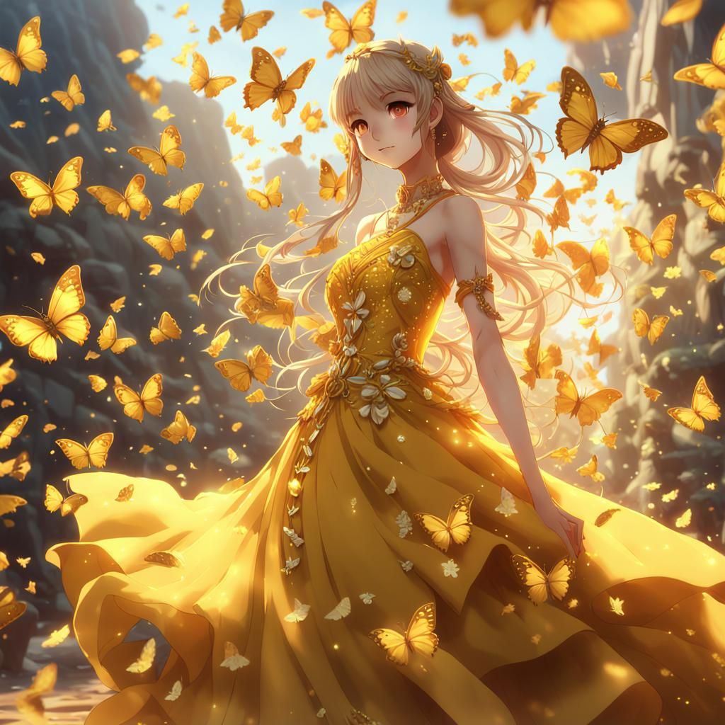 Anime Girl in Gold Dress with Butterflies