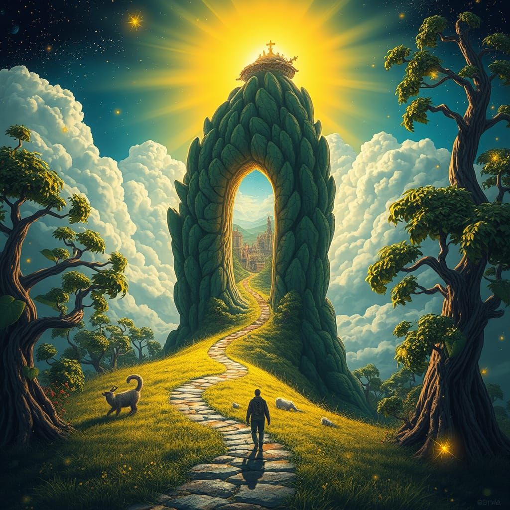 A Figure Embarks on a Whimsical Journey Through a Towering F...