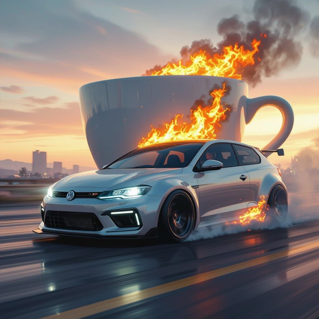 Hatchback Drifts with Fiery Coffee in Driver's Seat