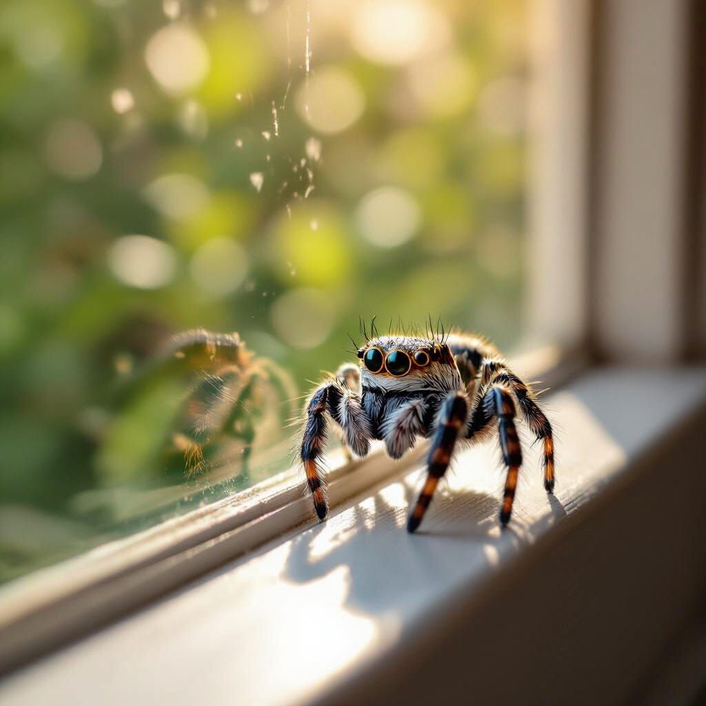 Hyperrealistic Jumping Spider Observing Garden