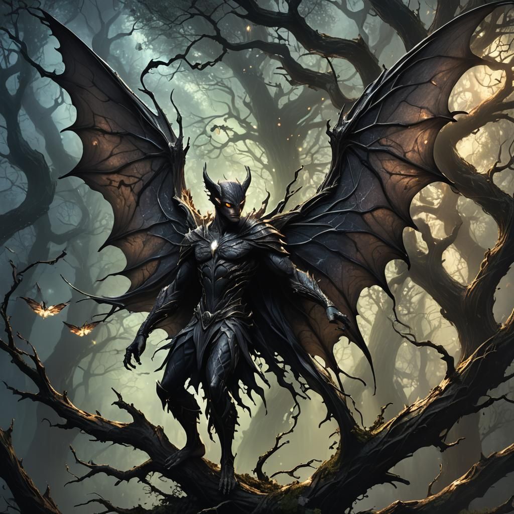 Surreal Dark Fantasy Male Fairy with Bat Wings in Gothic Sty...