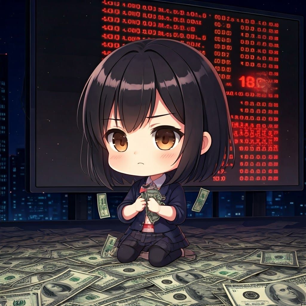 Chibi Anime Woman Trapped Under Financial Woes