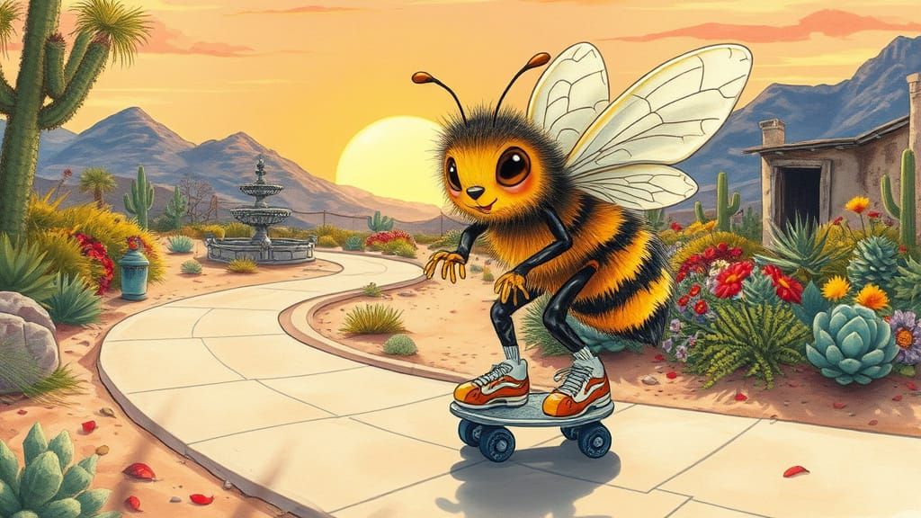 Whimsical Bee Roller Skating in Pixar Style