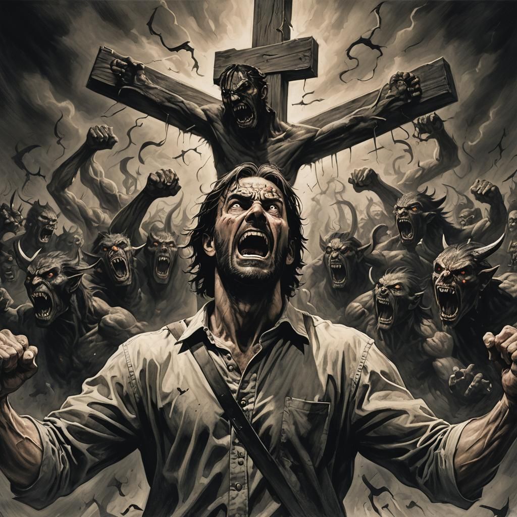 Man Confronts Demons with Cross in Dramatic Scene