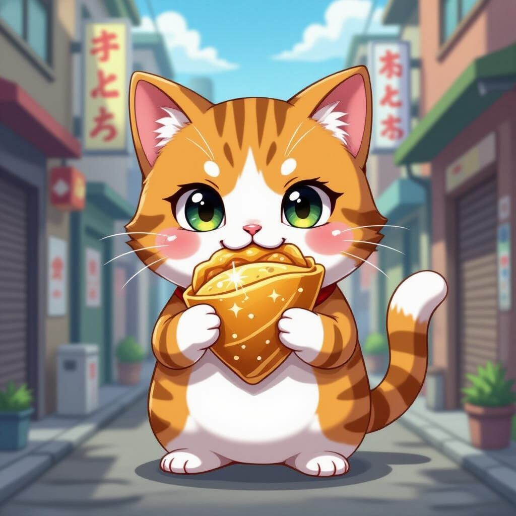 Kawaii Boss Cat Eating Taiyaki in Tokyo Alley